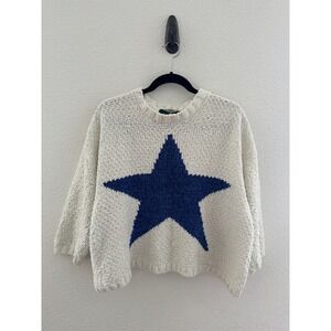 525 America Sweater S/M Ivory Blue Star Chenille Chunky Knit Oversized Cozy